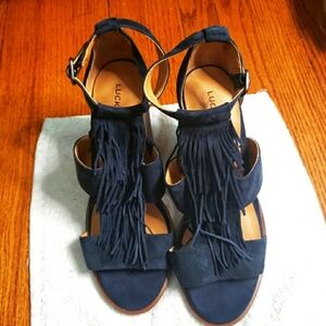 LUCKY BRAND BLUE SUEDE FRINGE CHUNKY PLATFORM HEALS 8.5M w/ ANKLE WRAP